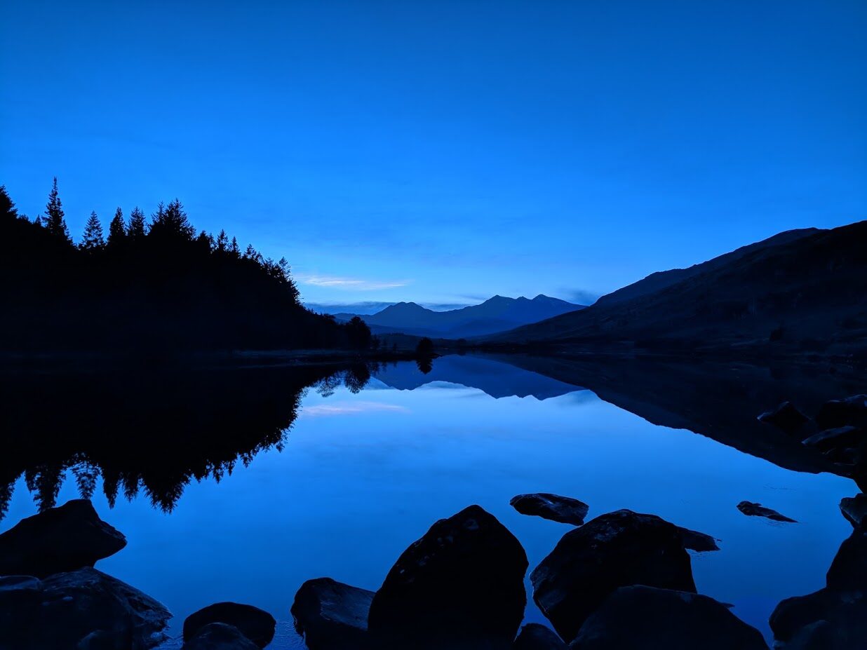 Blue sunset view of Snowdon from llynau mymbyr Capel Curig